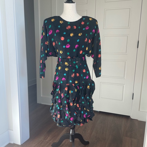 Vintage 80s Maggie London 100% Silk Drop Waist Print Size Small Dress - Picture 1 of 8